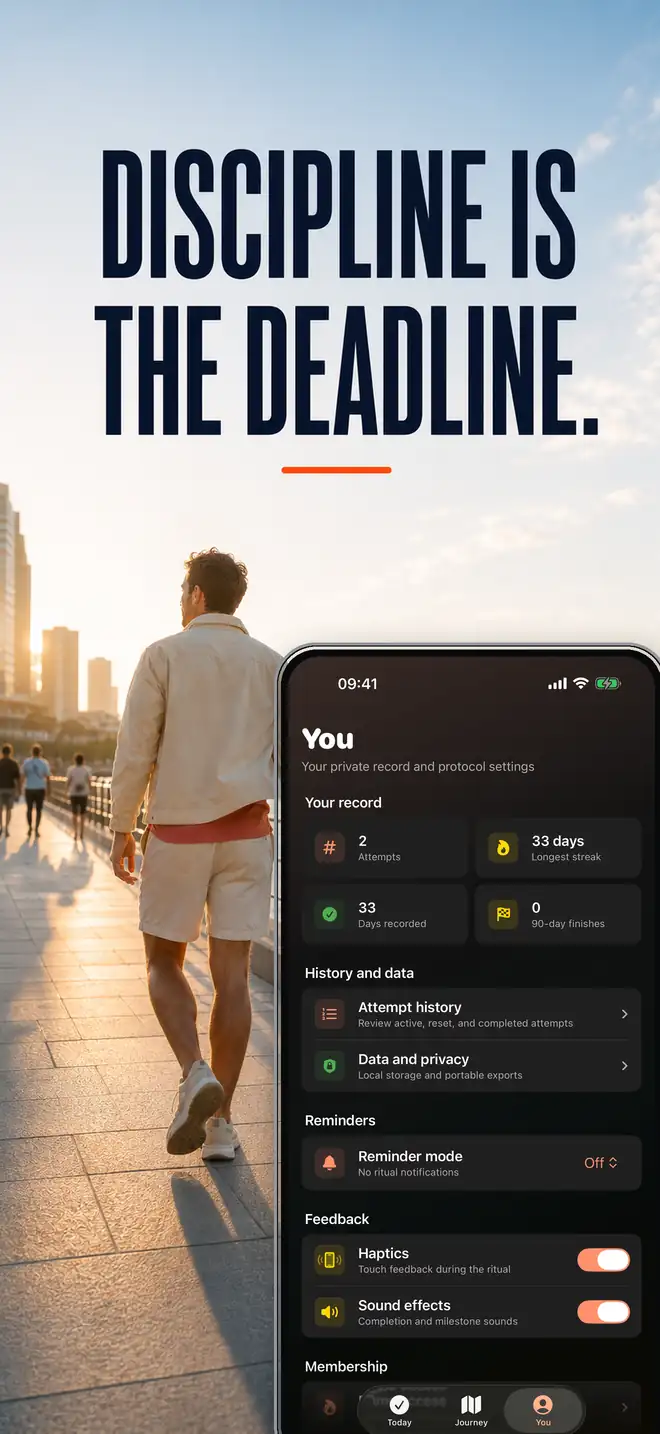 Public App Store preview showing attempts, longest streak, recorded days, history, privacy, reminders, and feedback settings