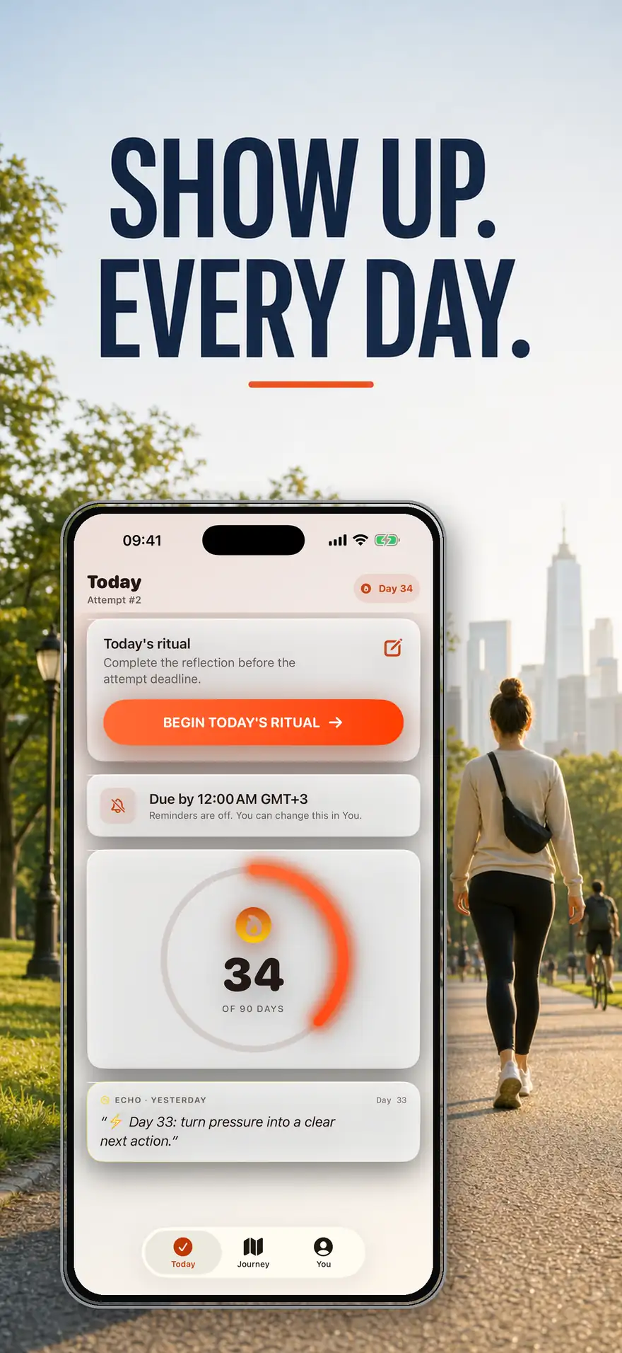 Public App Store preview showing Today, Day 34, the daily ritual, deadline, progress ring, and Today, Journey, and You tabs