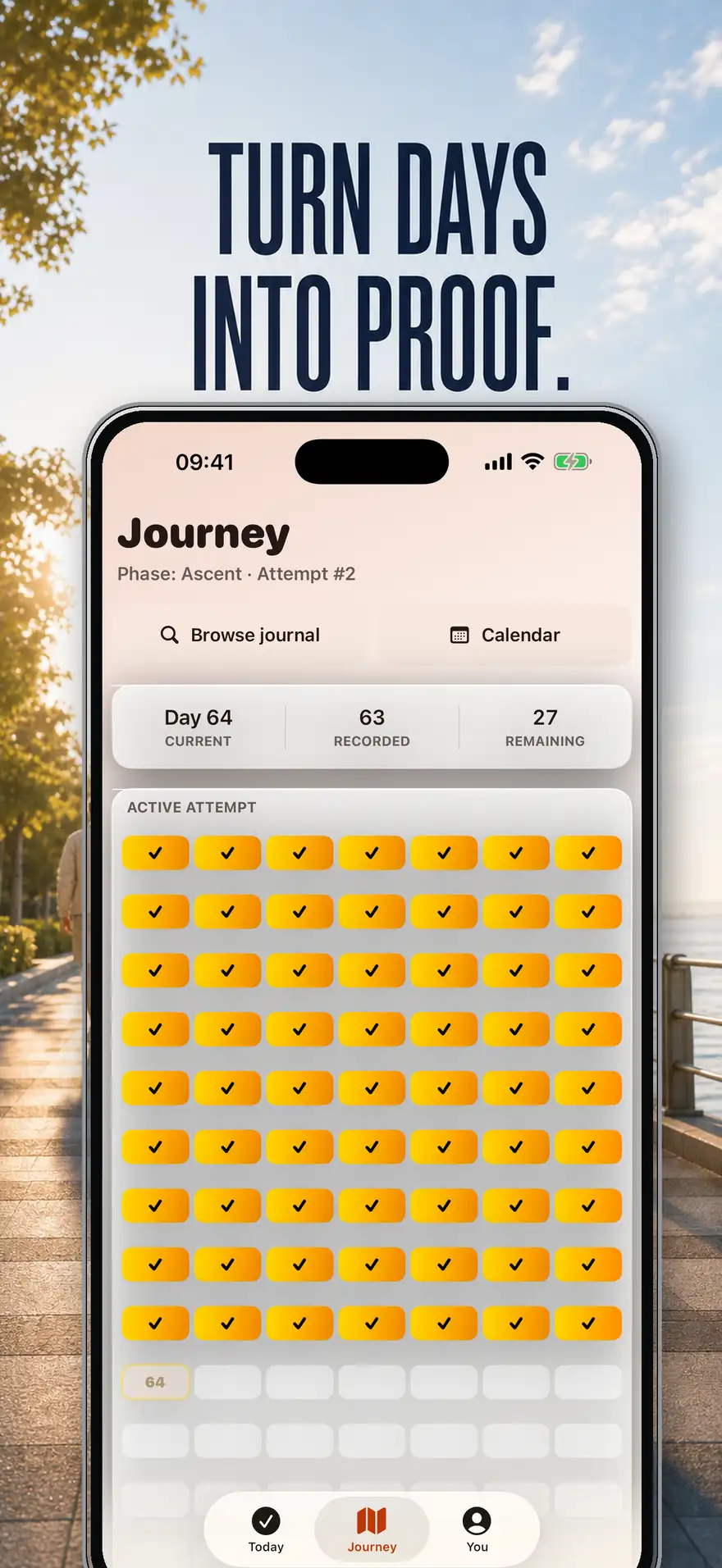 Public App Store preview showing the Journey screen with Day 64, recorded days, remaining days, and a 90-day proof grid