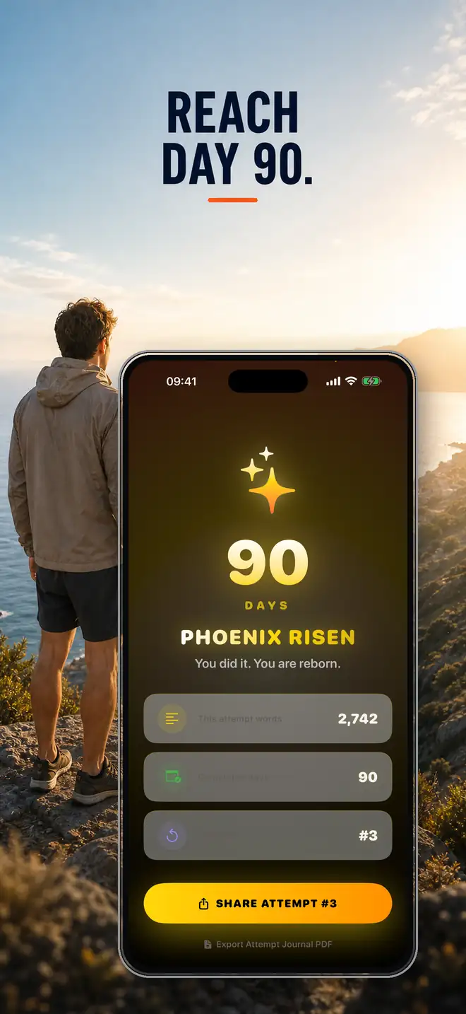 Public App Store preview showing the Phoenix Risen Day 90 completion state and preserved attempt totals