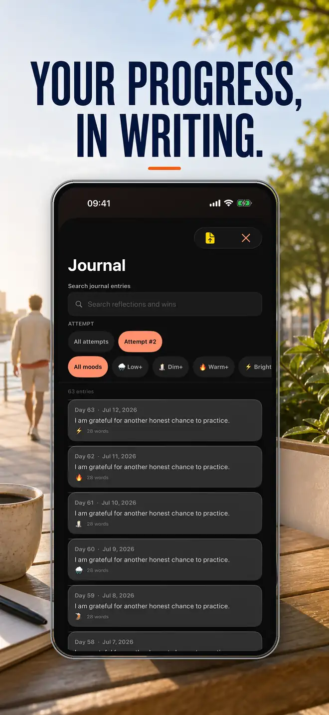 Public App Store preview showing Journal search, attempt and mood filters, and written daily entries